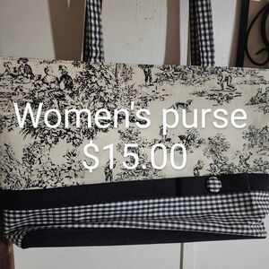 Black and White Floral Tote Bag with Gingham Clutch